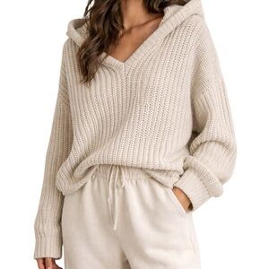 POL Chenille Chunky Knit V Neck Hoodie Sweater Cream Ivory Size L